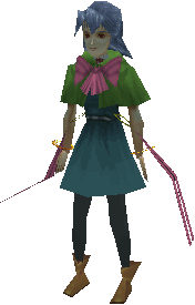 Carrie's Default Costume, with Green Cloak and Pink Bow